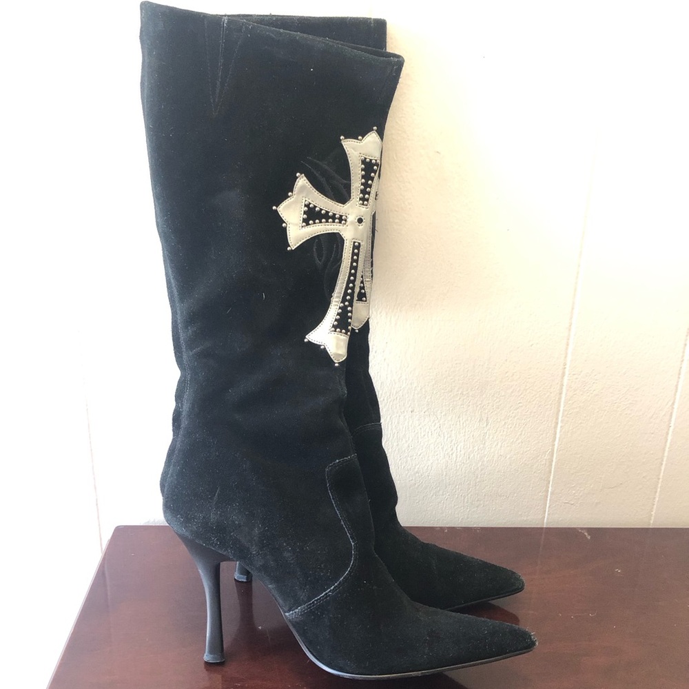 MIA Sz 7 Black Suede Stiletto Boots with Silver Cross Accent